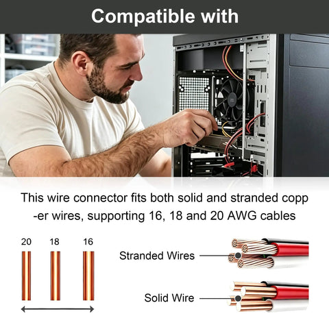 Image of a person installing 16 to 20 AWG wires using 80 Pack T1 And T2 T Tap Wire Connectors for efficient connections.