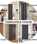 Versatile usage of 100 Percent Blackout Door Curtain For Doorways And Open Closets, Privacy Temporary Door, Thermal Insulated Drapes In Grey, 34 W X 80 L Inches, 1 Panel, Ideal For Bedroom Kitchen Laundry Or Patio, installed in different rooms.