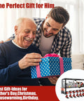 Two men smiling with a wrapped gift box, inset image of a Power Tool Organizer Wall Mount with 3 Level Drill Rack and Charging Station.