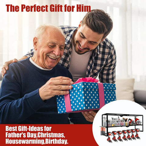 Two men smiling with a wrapped gift box, inset image of a Power Tool Organizer Wall Mount with 3 Level Drill Rack and Charging Station.