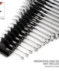 20 Tool Modular Wrench Organizer Set With 3 Tab And 5 Tab Modules, Pro Grade Customizable Wrench Storage System, Patent Pending, Fits A Wide Range Of Tools, Made In USA, Black shows tapered slots for wrench sizes.