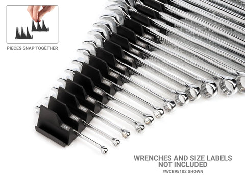 15-Tool Modular Wrench Organizer Set, 1-Tab and 3-Tab Configs holding wrenches, compact customizable tool organization, black finish