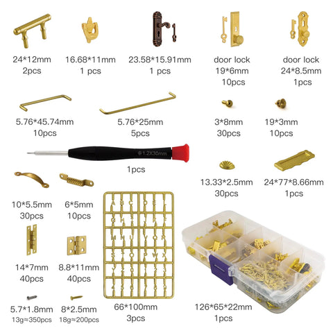 Top Tier 1/12 Scale Dollhouse Accessories Kit With Legit 700 Pieces Of Mini Knobs Hinges Handles And Locks Plus Screws And Screwdriver for tiny furniture projects.