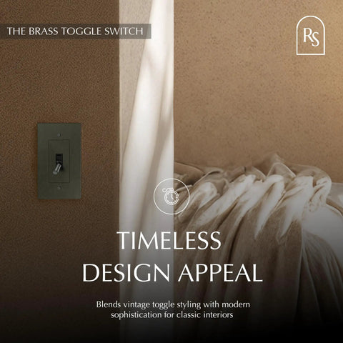Superb Quality Solid Brass Antique Toggle Dimmer Switch With Top Shelf Wall Plate mounted on wall with modern decor.