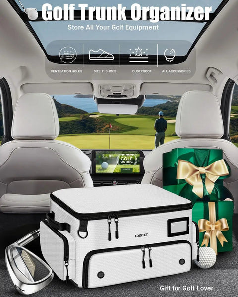 Waterproof Golf Trunk Organizer With Ventilated Shoe Pockets For 2 Pairs 4 Layer Storage And 17 Pockets placed in car trunk