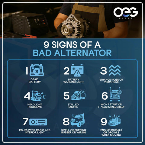 Mechanic holding new alternator next to diagnostic equipment with overlay text '9 Signs of a Bad Alternator'