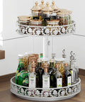 12 Inch 2 Tier Lazy Susan Turntable Organizer Adjustable Height Smooth Rotation Kitchen Countertop Spice Rack White Heavy Duty with spices and oils.