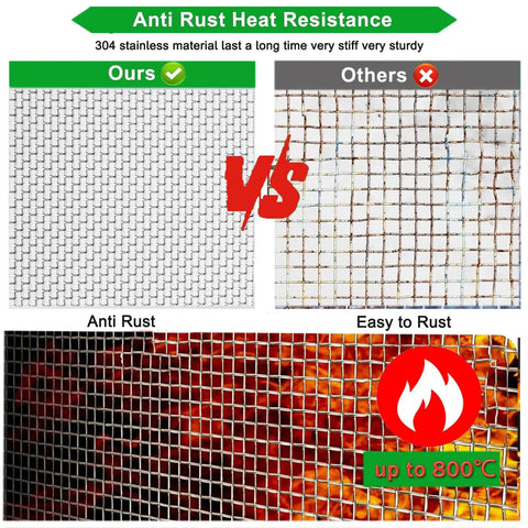 Comparison showing Stainless Steel Mesh Screen 20 Mesh 15.7 By 78.7 Inches No Rust vs rusted mesh, highlighting anti-rust heat resistance up to 800°C.