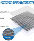 Aluminum repair patches with labeled layers: aluminum liner, release, fiberglass liner for use in All In One Drywall Repair Kit.