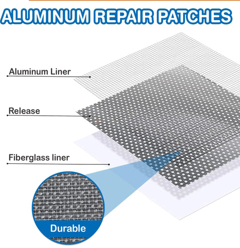 Aluminum repair patches with fiberglass liner and release layer for drywall repair kit with fast dry putty tube and large jar.