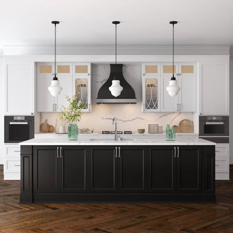 9.13 Inch Wide Pendant Light With Glass Shade In Blackened Bronze And White Milk Glass Diffuser in a modern kitchen