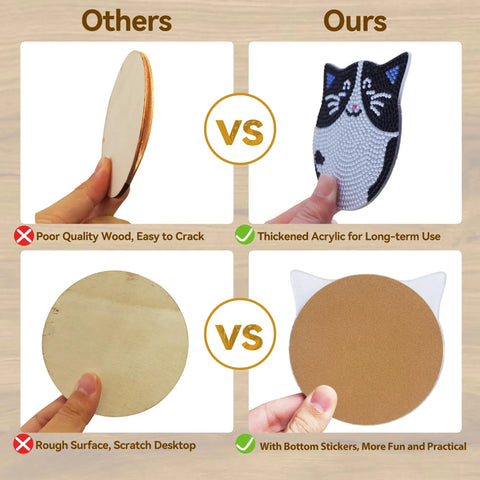 Comparison of Cat Diamond Painting Coaster Kit Set With Holder Dope 6 Piece vs wooden coasters, highlighting materials and durability.
