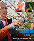 Man using Electric Pruning Shears Compatible With LXT 18V Batteries, trimming tree branches, highlighting ease for those with arthritis.