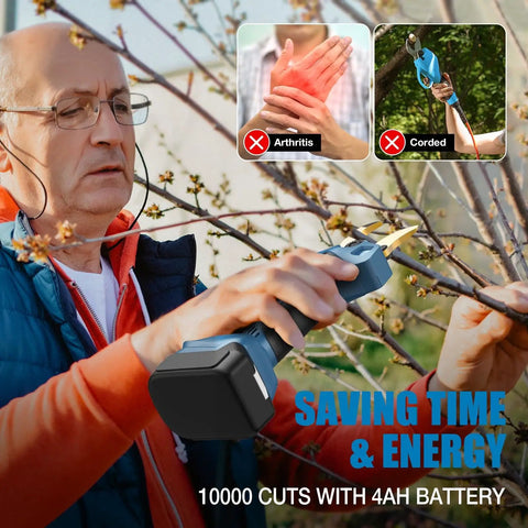 Man using Electric Pruning Shears Compatible With LXT 18V Batteries, trimming tree branches, highlighting ease for those with arthritis.