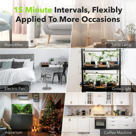 Collage showing 24 Hour Plug In Mechanical Timer uses: humidifier, table lamp, electric fan, grow light, aquarium, coffee machine