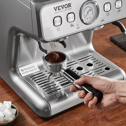 Solid Semi Automatic Espresso Machine With Built In Grinder And Large Hopper pulls ground coffee into portafilter.