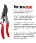 Pro Grade 8 Inch Bypass Pruning Shears With Japanese SK5 Steel Blades And 1 Inch Cut Capacity displayed with Kimura branding.