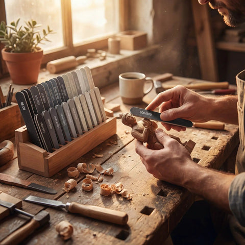 Model Sanding Sticks Set With 20 Pieces For Plastic Models And 3D Prints in use on wood with assorted grits in wooden holder.