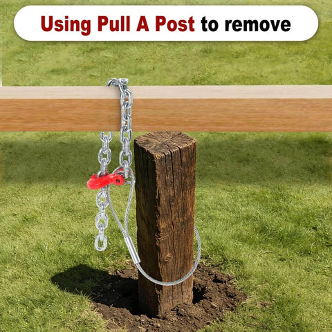 Heavy Duty Fence Post Removal Tool With 7100 Lb Pull Capacity, Galvanized Cable And Chain, Works With Jack Or Lever For 4x4 Fence Posts And Even Broken Or Rotted Posts, Easy Extraction No Digging Required shown removing a wood fence post