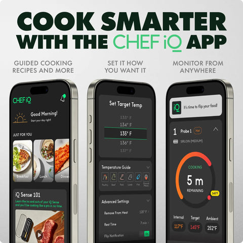 Smart Wireless Meat Thermometer With Ultra Thin Probe For Grill BBQ Oven Smoker And Air Fryer Real Time Internal Temp Five Sensors For Maximum Accuracy 1000F Heat Safe WiFi Remote Monitoring Guided Cooking Rest Timers Gen3 app screen display