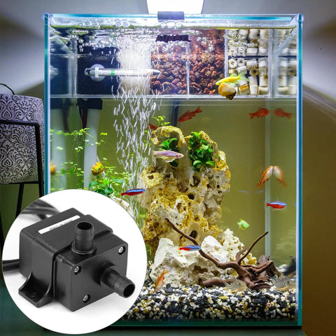 12V DC submersible water pump with brushless motor in aquarium setup, part of 2 pack for ponds and fountains, delivering 240 LPH flow