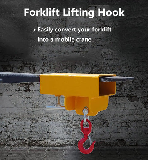 Forklift Lifting Hook Attachment With 2200 Lbs Capacity Single Fork Pocket Swivel Hook And Large T Screw Design Portable Workhorse Crane Hoist For Pallets Perfect For Warehouse And Shop Use Easy To Install showcasing its design against a wall.