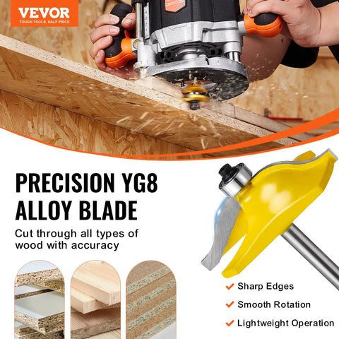 Pro Grade Carbide Router Bit Set With 1/4 Inch Shank cutting wood, showing precision YG8 alloy blade and benefits