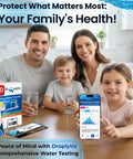 Family using 20 In 1 Drinking Water Test Kit With Mobile App For Home Use That Checks PH, Hardness, Lead, Iron, Chlorine, showing test results