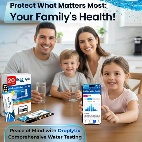 Family using 20 In 1 Drinking Water Test Kit With Mobile App For Home Use That Checks PH, Hardness, Lead, Iron, Chlorine, showing test results