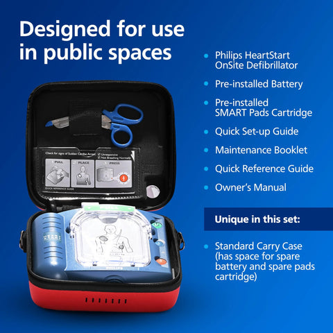 Front view of Philips HeartStart OnSite AED in red standard carry case with blue defibrillator and accessories
