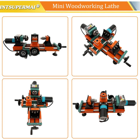 Intsuprmai Dual Motor Mini Wood Lathe Machine, Variable Speed Benchtop Tool for precise wood and metal turning.