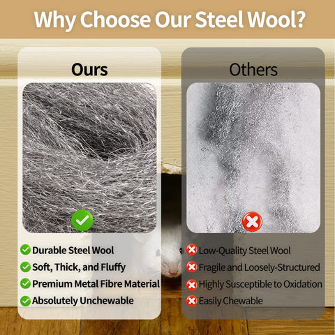 Comparison of Four Pack Steel Wool For Mice Control highlighting durability and chew resistance next to low-quality alternatives.