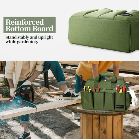 Heavy Duty Garden Tool Tote Bag With Stand Up Bottom And Built In PE Foam 900D, upright with tools on wooden table