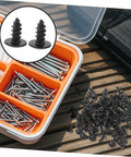 Straight Up Kickass 100 Pack Miniature Metal Furniture Screws With Ultra Deep Threads, black screws in a storage box.