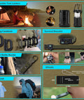251-piece outdoor survival kit with crossbody bag; collage shows lantern, D-ring carabiners, paracord bracelet.