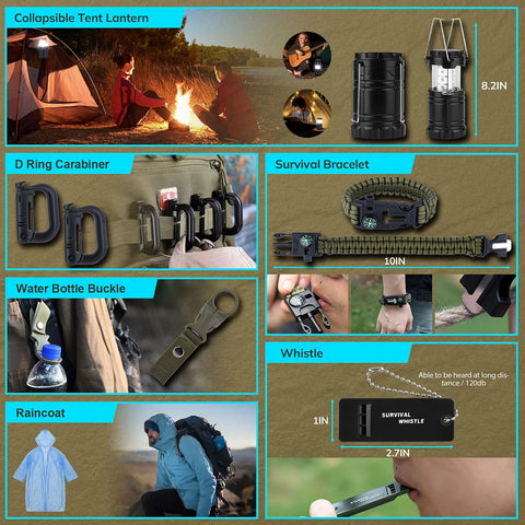 251-piece outdoor survival kit with crossbody bag; collage shows lantern, D-ring carabiners, paracord bracelet.