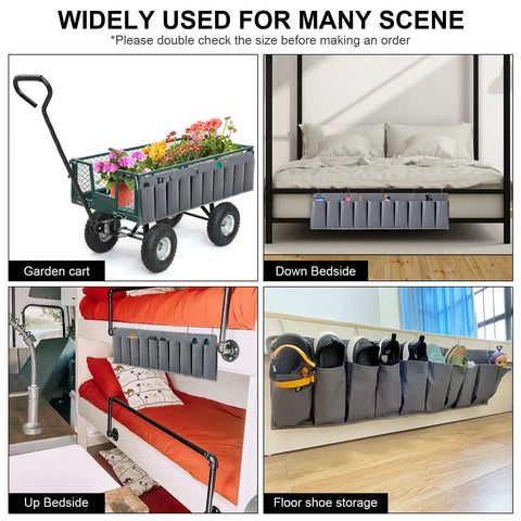 Overbed Hanging Shoe Organizer With Ten Pockets And Sturdy Hooks For RV And Bedroom Storage illustrated in home settings