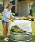 Woman placing Garden Shield Net For Raised Beds, Bird Exclusion Mesh To Protect Vegetables Berries And Herbs, Circular Bed Cover on garden bed