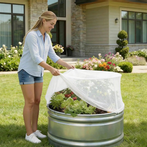 Woman placing Garden Shield Net For Raised Beds, Bird Exclusion Mesh To Protect Vegetables Berries And Herbs, Circular Bed Cover on garden bed