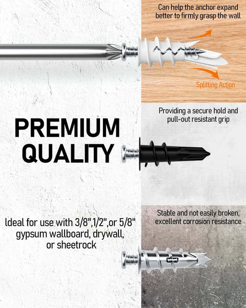 All In One 200 Piece Drywall Anchors And Screws Kit Self Drilling With Case DIY, showing zinc and nylon anchors for drywall