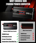 No Sweat Setup Heavy Duty Road Warrior 2000 Watt 12V DC To 110V AC Inverter With Smart LCD Screen sitting on a dark background.