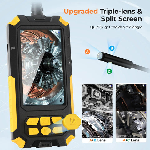 Triple Lens Endoscope Camera With Light showing split screen view and lens options for detailed inspections