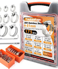 Heavy Duty Stainless Steel Worm Gear Hose Clamps Set, 175-Piece Assortment shown with toolbox and accessories
