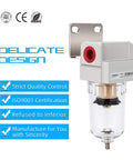 One Quarter Inch NPT Compressed Air Line Filter With Five Micron Brass Element Bracket Poly Bowl Semi Auto Drain 145 Psi Max Inlet
