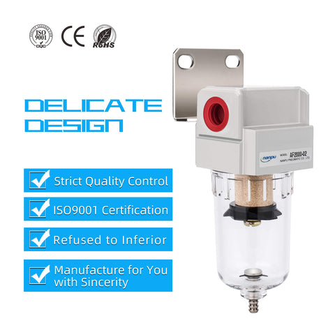 One Quarter Inch NPT Compressed Air Line Filter With Five Micron Brass Element Bracket Poly Bowl Semi Auto Drain 145 Psi Max Inlet