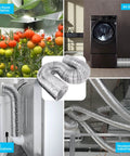 Collage of 6 Inch By 25 Feet Aluminum Foil Dryer Duct with Built In Steel Wire Reinforcement and various application scenarios