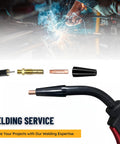 24Piece Flux Core Gasless MIG Welding Kit With 0.030 Tips, Nozzles, And Diffusers displayed with welder using machine