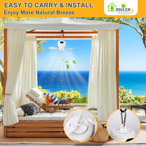 Outdoor view of gazebo with Portable 11 Inch Battery Operated Ceiling Fan With Lights For Camping And RV Life installed.