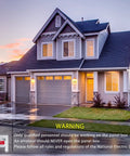 Front view of house exterior with Interlock Kit For Vertical 150 Amp And 200 Amp Panels warning label displayed.