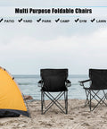 Foldable Camping Chairs For Adults, Set Of 2, on a beach, next to a tent, showing large portable lawn chairs in black